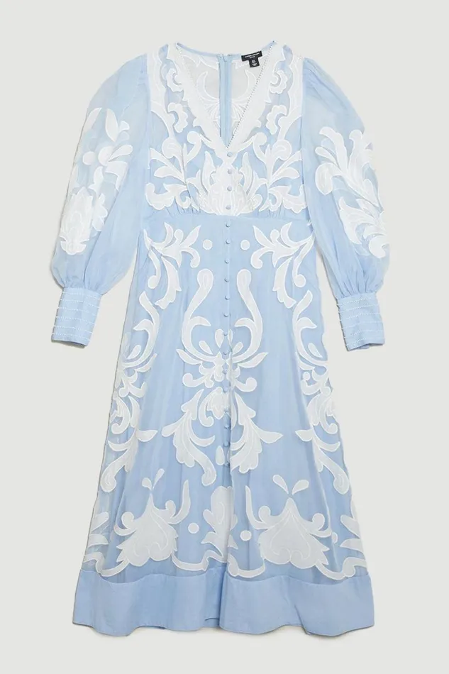 Tall Applique Organdie Buttoned Woven Maxi Dress Blue Women Karen Millen Dresses
