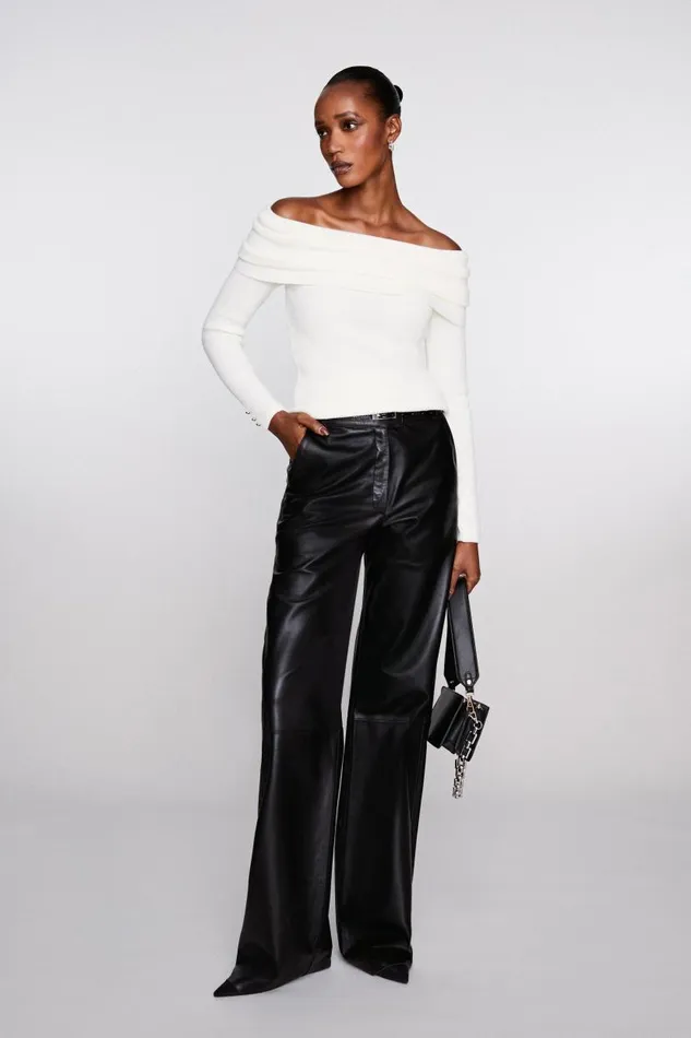 Tall Leather Clean Wide Leg Trousers Women Karen Millen Trousers