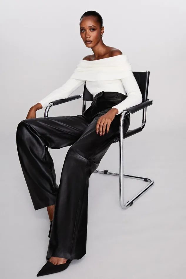 Tall Leather Clean Wide Leg Trousers Women Karen Millen Trousers