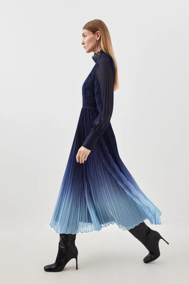 Tall Long Sleeve Ombre Guipure Lace Maxi Dress Blue Women Karen Millen Dresses