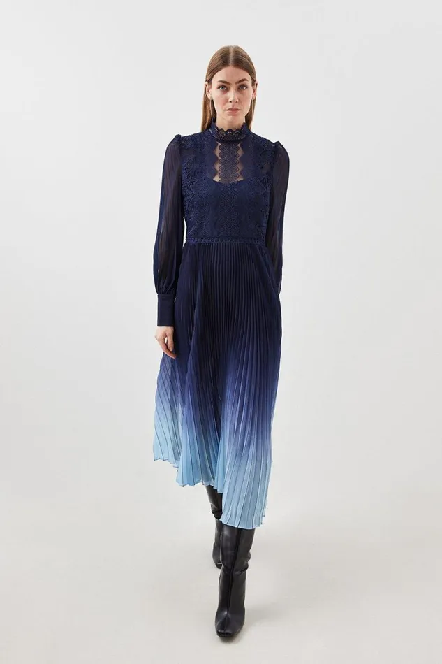Tall Long Sleeve Ombre Guipure Lace Maxi Dress Blue Women Karen Millen Dresses