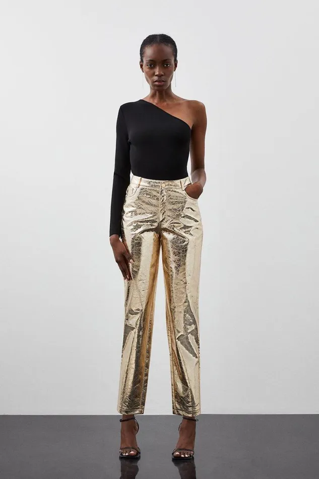 Tall Metallic Faux Leather Straight Trousers Gold Women Karen Millen Trousers