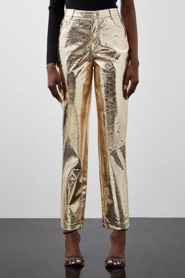 Tall Metallic Faux Leather Straight Trousers Gold Women Karen Millen Trousers