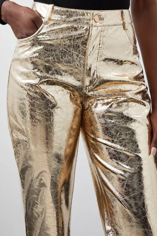 Tall Metallic Faux Leather Straight Trousers Gold Women Karen Millen Trousers