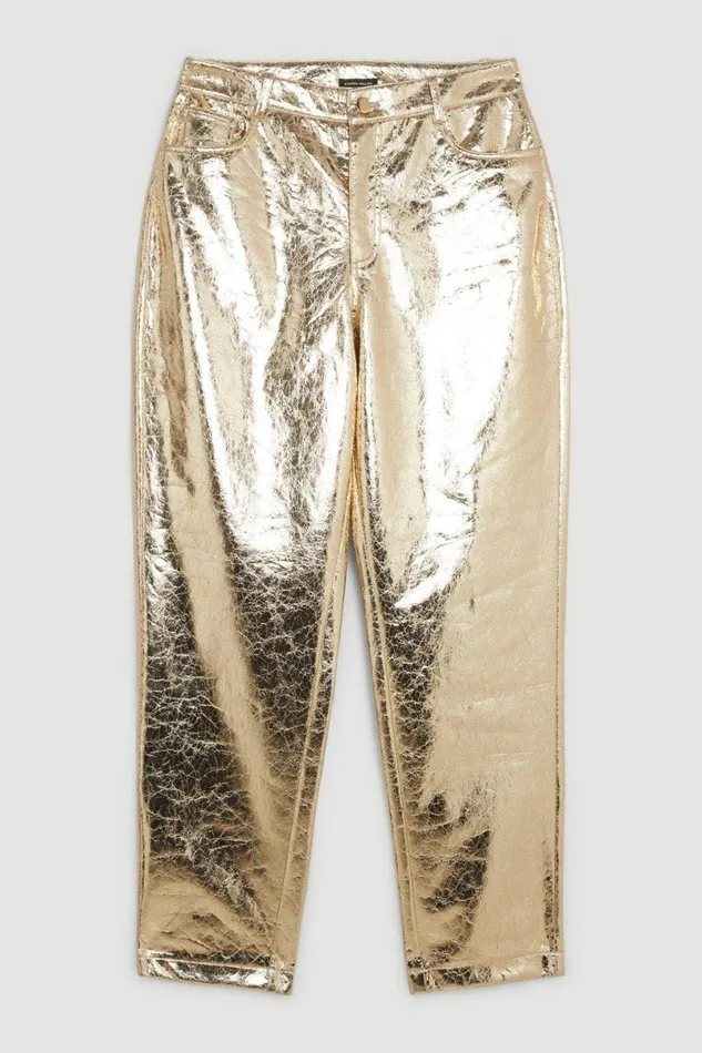 Tall Metallic Faux Leather Straight Trousers Gold Women Karen Millen Trousers