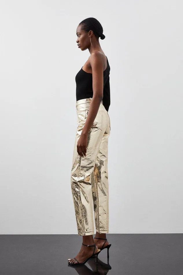 Tall Metallic Faux Leather Straight Trousers Gold Women Karen Millen Trousers