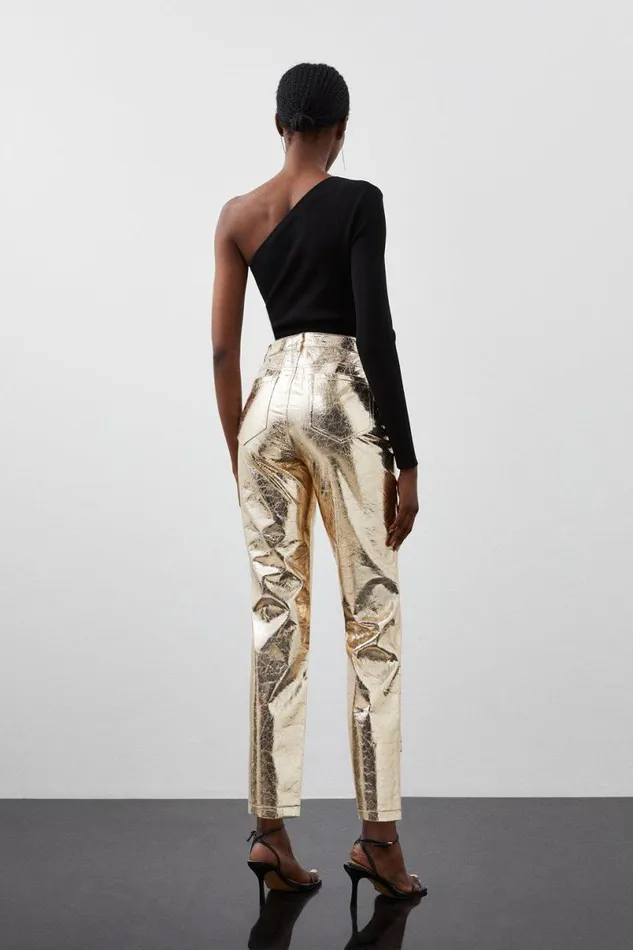 Tall Metallic Faux Leather Straight Trousers Gold Women Karen Millen Trousers