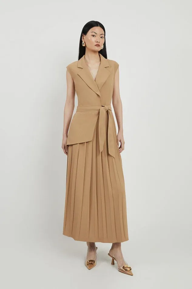 Tall Military Pleat Sleeveless Midi Dress Camel Women Karen Millen Dresses