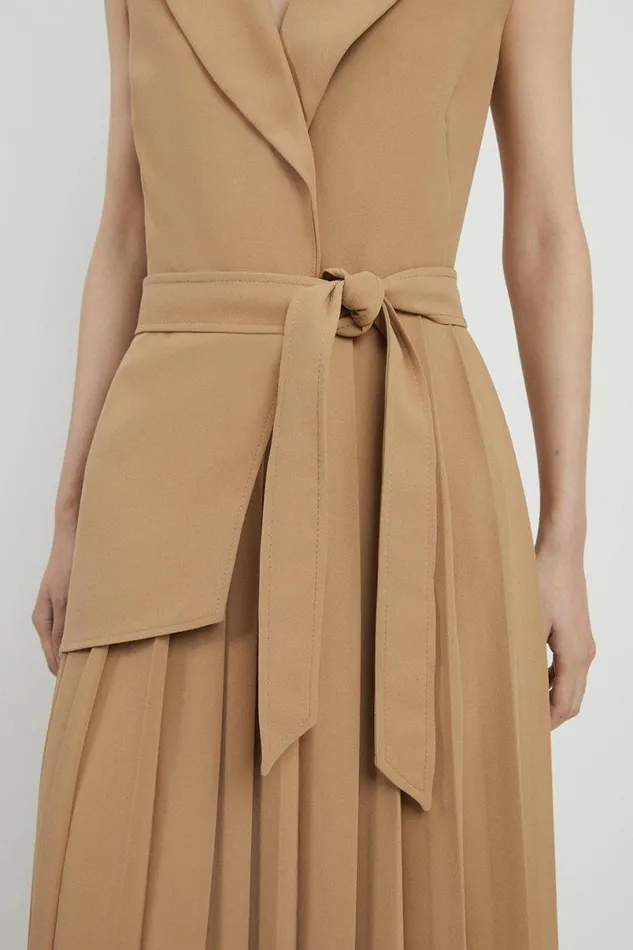 Tall Military Pleat Sleeveless Midi Dress Camel Women Karen Millen Dresses