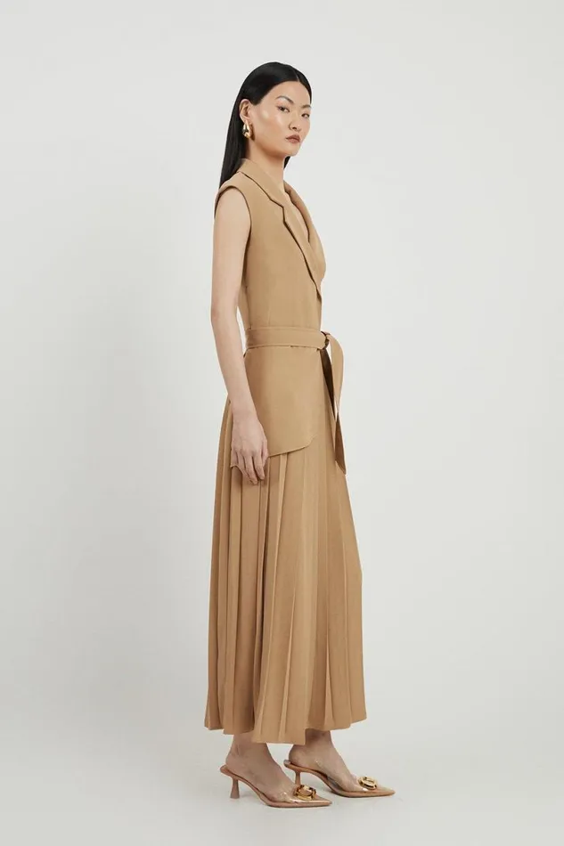 Tall Military Pleat Sleeveless Midi Dress Camel Women Karen Millen Dresses