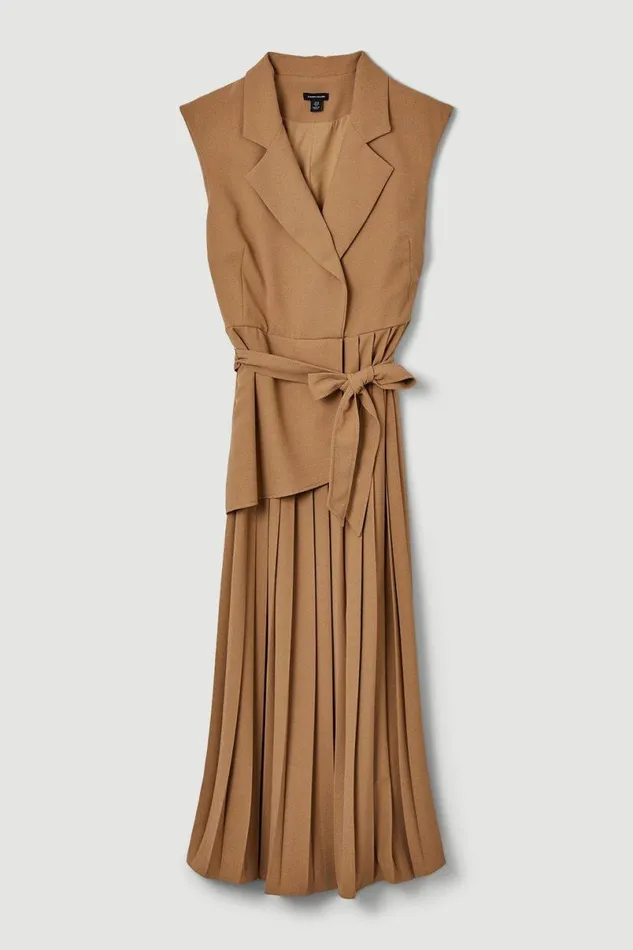 Tall Military Pleat Sleeveless Midi Dress Camel Women Karen Millen Dresses