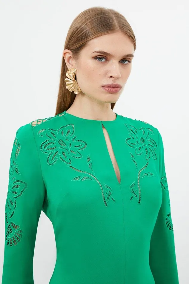 Tall Premium Cady Cutwork Long Sleeve Woven Maxi Dress Green Women Karen Millen Dresses