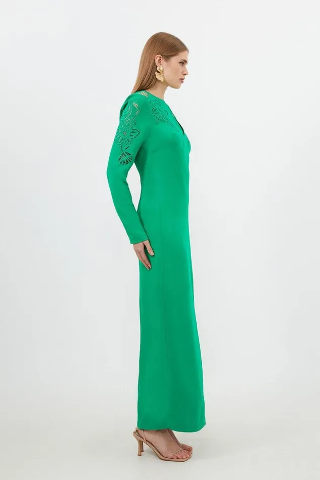 Tall Premium Cady Cutwork Long Sleeve Woven Maxi Dress Green Women Karen Millen Dresses