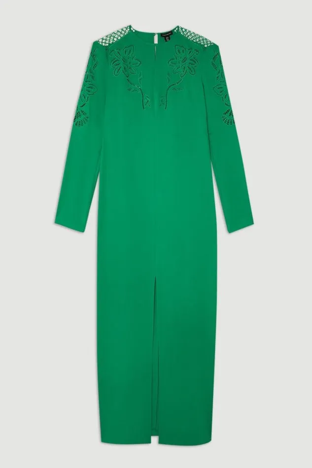 Tall Premium Cady Cutwork Long Sleeve Woven Maxi Dress Green Women Karen Millen Dresses