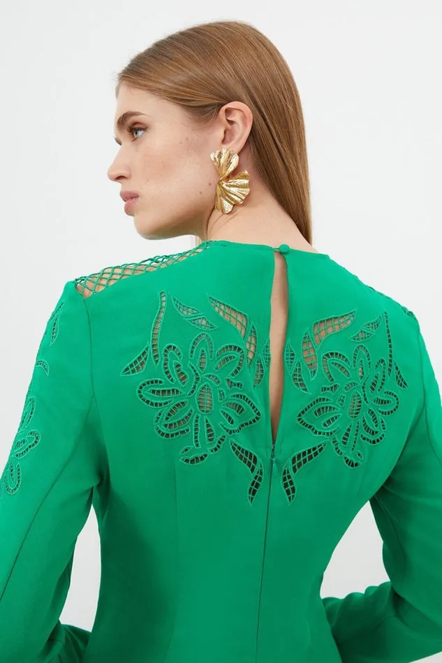 Tall Premium Cady Cutwork Long Sleeve Woven Maxi Dress Green Women Karen Millen Dresses