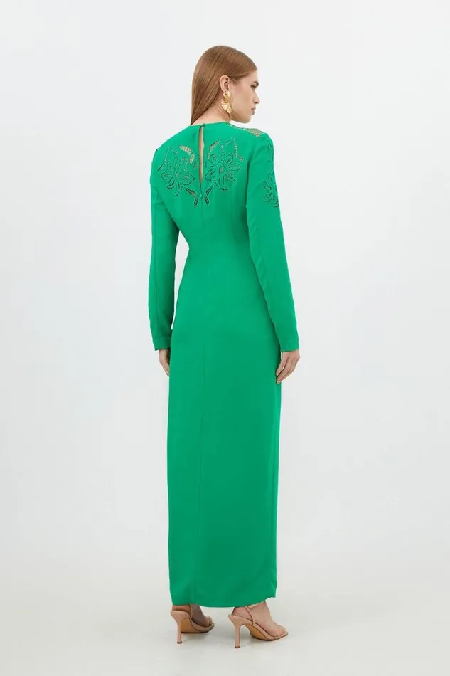 Tall Premium Cady Cutwork Long Sleeve Woven Maxi Dress Green Women Karen Millen Dresses