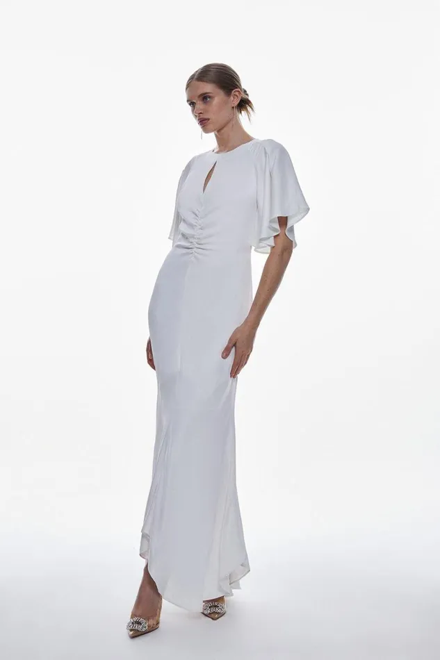 Tall Satin Crepe Woven Angel Sleeve Maxi Ivory Women Karen Millen Dresses