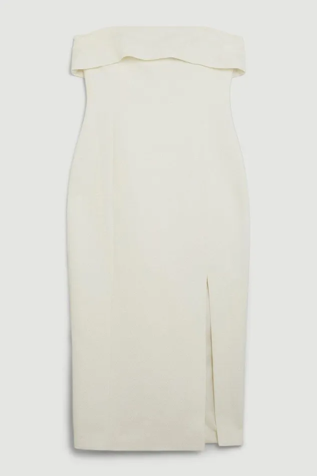 Textured Crepe Tailored Bandeau Split Detail Midi Dress Ivory Women Karen Millen Dresses