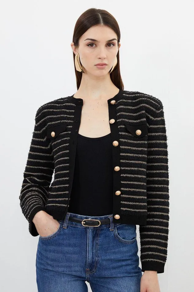 Textured Military Trim Knit Jacket Black Women Karen Millen Coats and Jackets