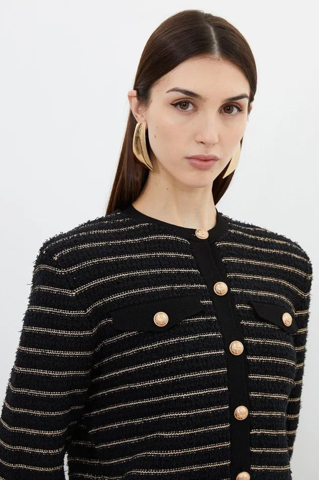 Textured Military Trim Knit Jacket Black Women Karen Millen Coats and Jackets