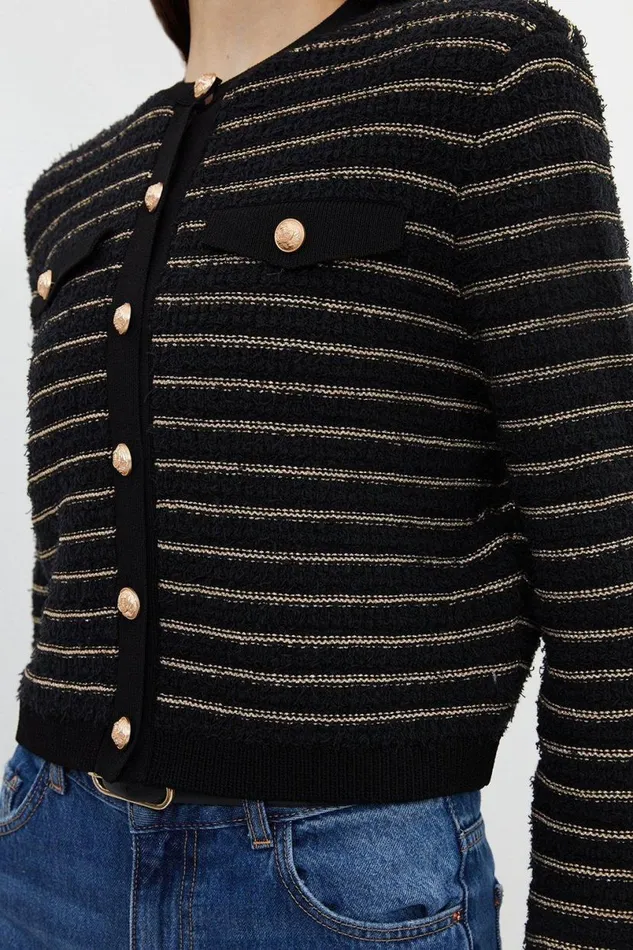 Textured Military Trim Knit Jacket Black Women Karen Millen Coats and Jackets