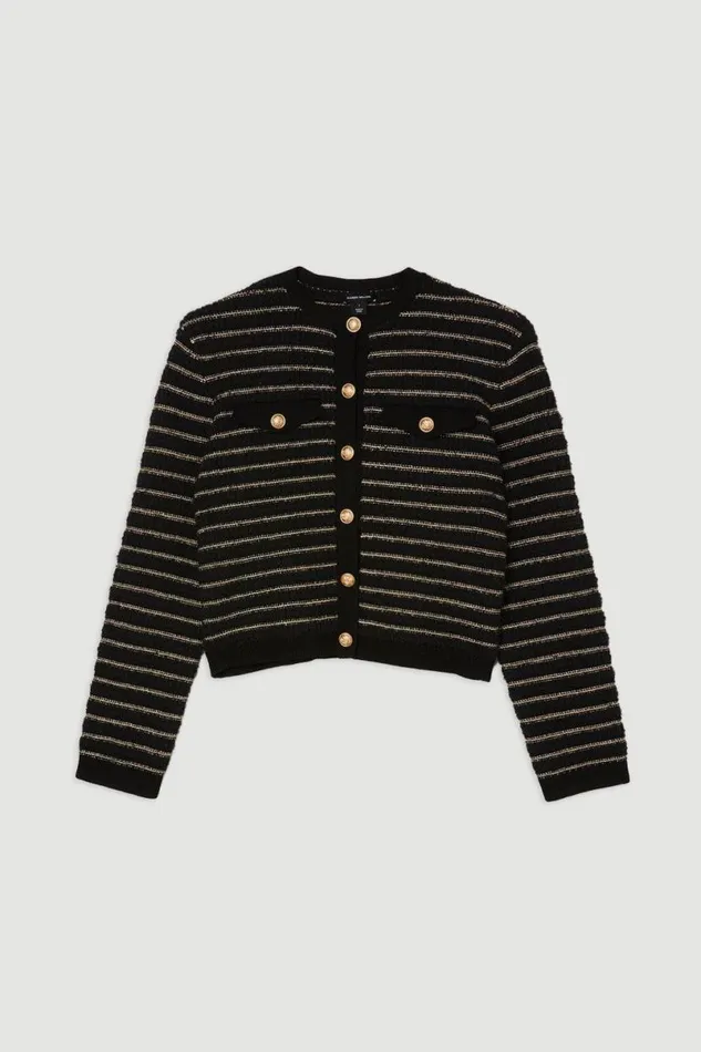 Textured Military Trim Knit Jacket Black Women Karen Millen Coats and Jackets
