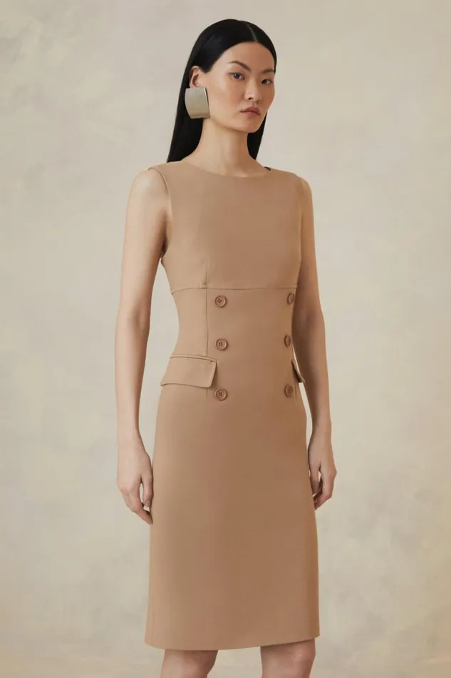 The Founder Compact Stretch Button Detail Woven Midi Dress Camel Women Karen Millen Dresses