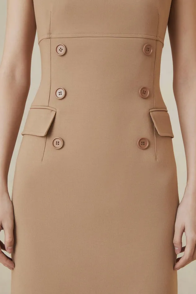 The Founder Compact Stretch Button Detail Woven Midi Dress Camel Women Karen Millen Dresses