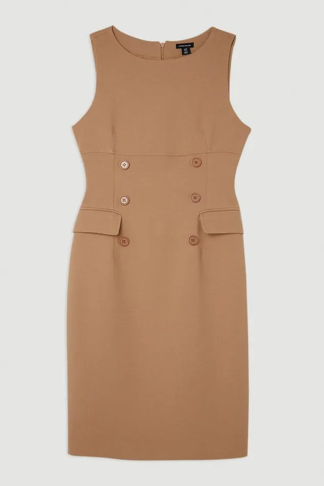 The Founder Compact Stretch Button Detail Woven Midi Dress Camel Women Karen Millen Dresses