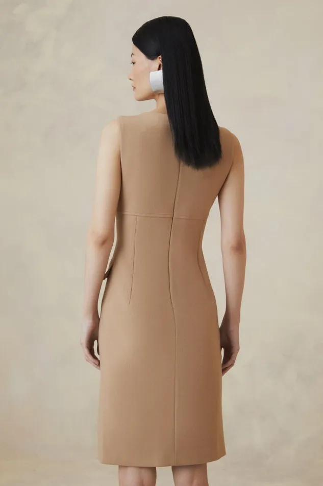 The Founder Compact Stretch Button Detail Woven Midi Dress Camel Women Karen Millen Dresses