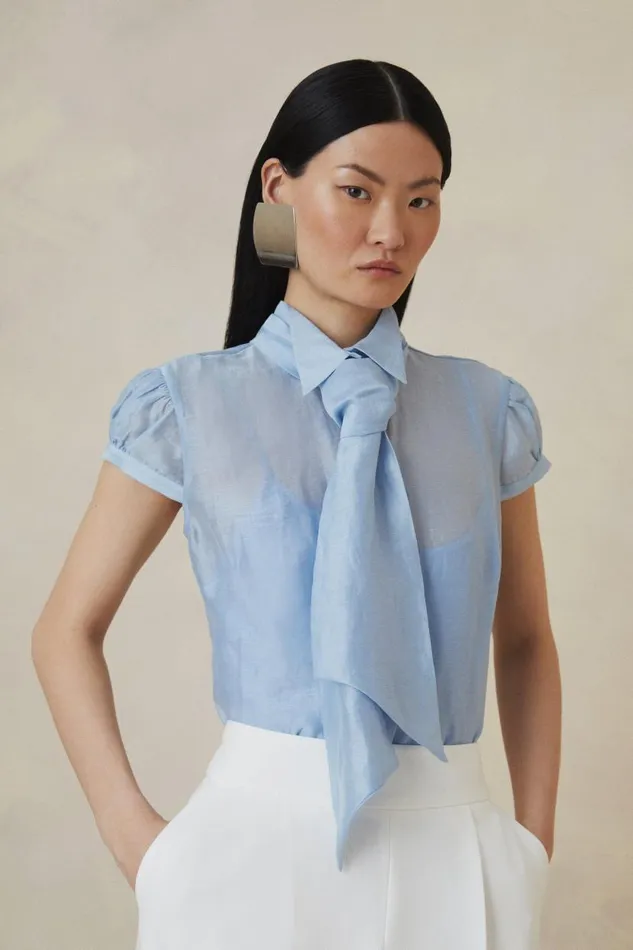 The Founder Organza Woven Tie Neck Blouse Blue Women Karen Millen Tops