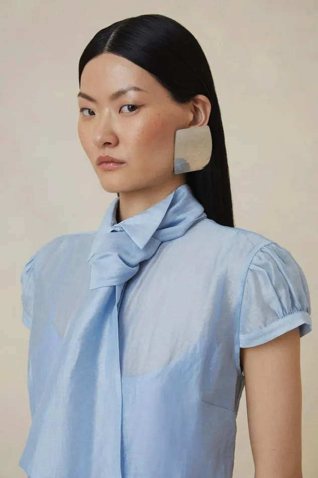 The Founder Organza Woven Tie Neck Blouse Blue Women Karen Millen Tops