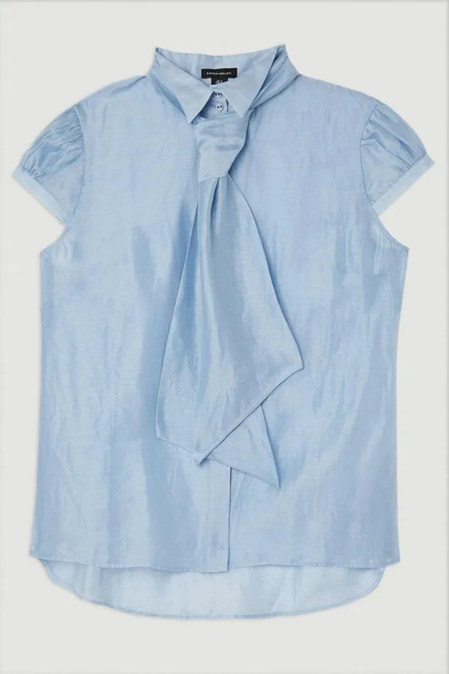 The Founder Organza Woven Tie Neck Blouse Blue Women Karen Millen Tops
