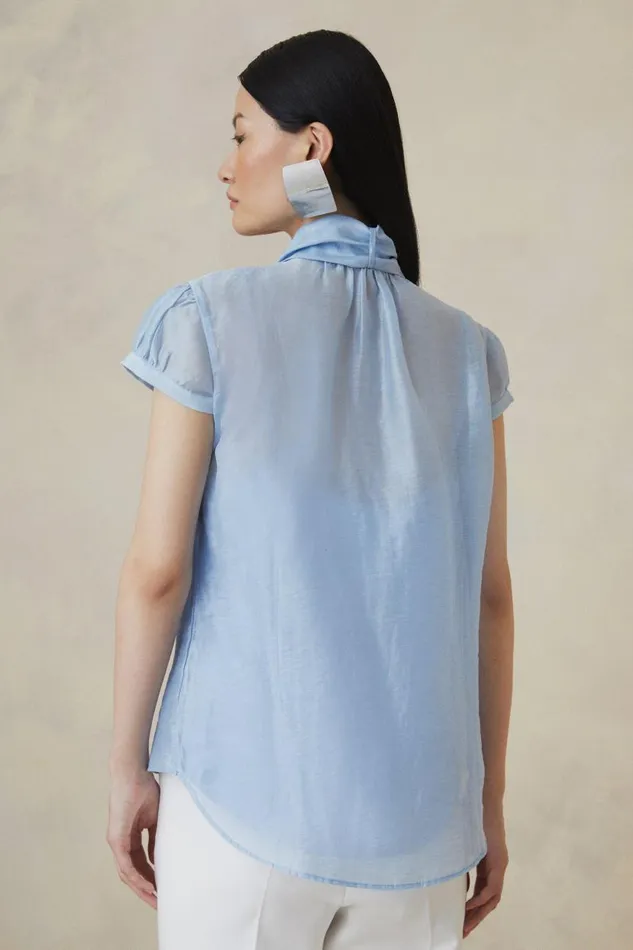 The Founder Organza Woven Tie Neck Blouse Blue Women Karen Millen Tops