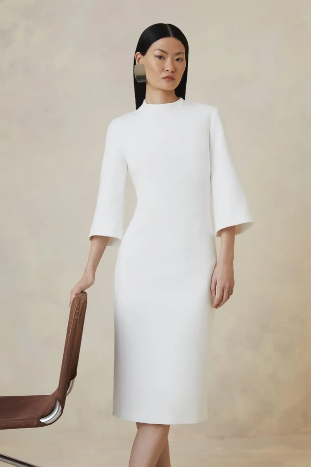 The Founder Tailored Compact Stretch Neck Tie Midi Pencil Dress Ivory Women Karen Millen Dresses