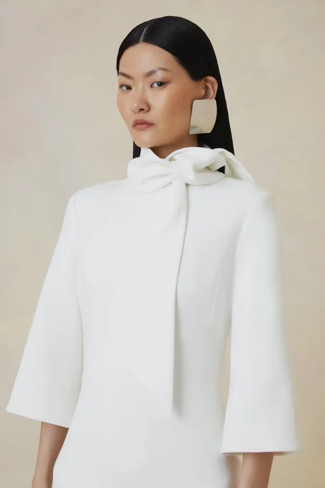 The Founder Tailored Compact Stretch Neck Tie Midi Pencil Dress Ivory Women Karen Millen Dresses