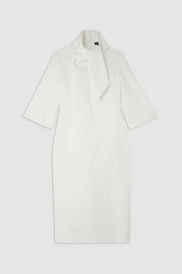 The Founder Tailored Compact Stretch Neck Tie Midi Pencil Dress Ivory Women Karen Millen Dresses