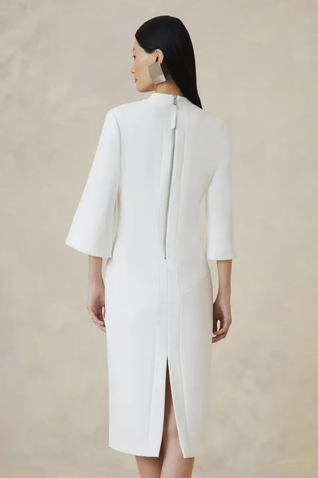 The Founder Tailored Compact Stretch Neck Tie Midi Pencil Dress Ivory Women Karen Millen Dresses