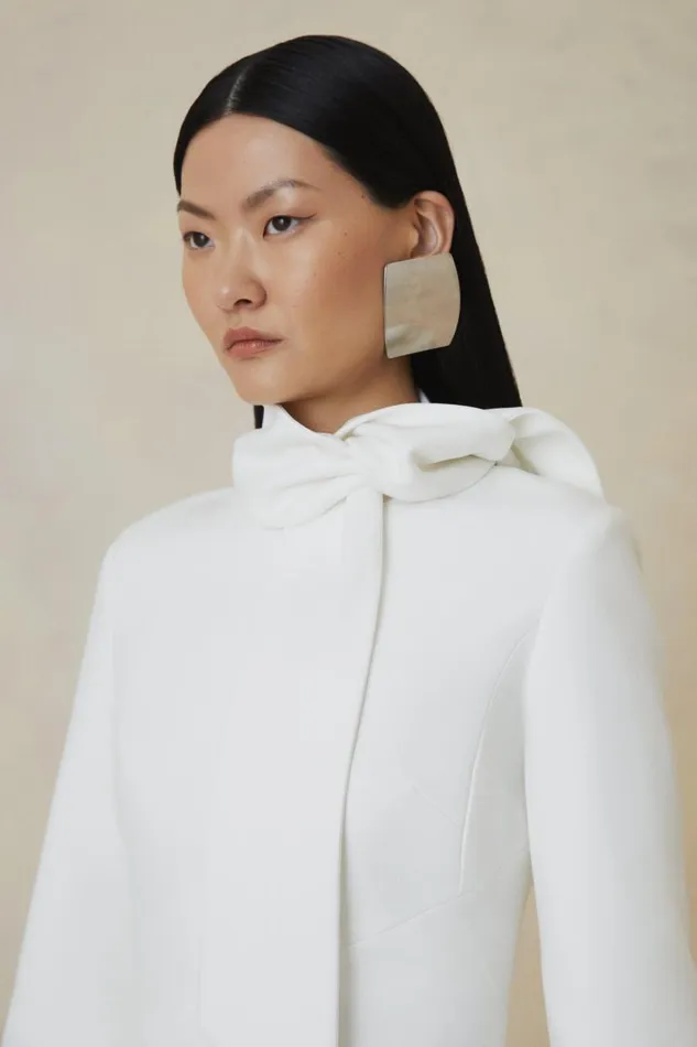The Founder Tailored Compact Stretch Neck Tie Midi Pencil Dress Ivory Women Karen Millen Dresses