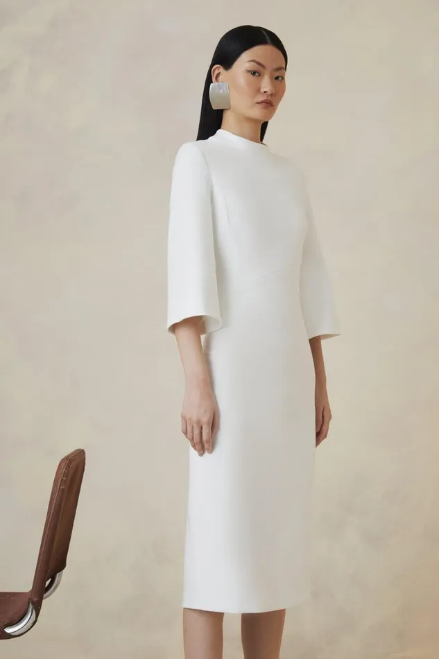 The Founder Tailored Compact Stretch Neck Tie Midi Pencil Dress Ivory Women Karen Millen Dresses