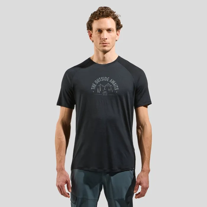 The Ride 365 Performance Wool 130 Print Tshirt Black Melange Men Odlo TShirts and Polos