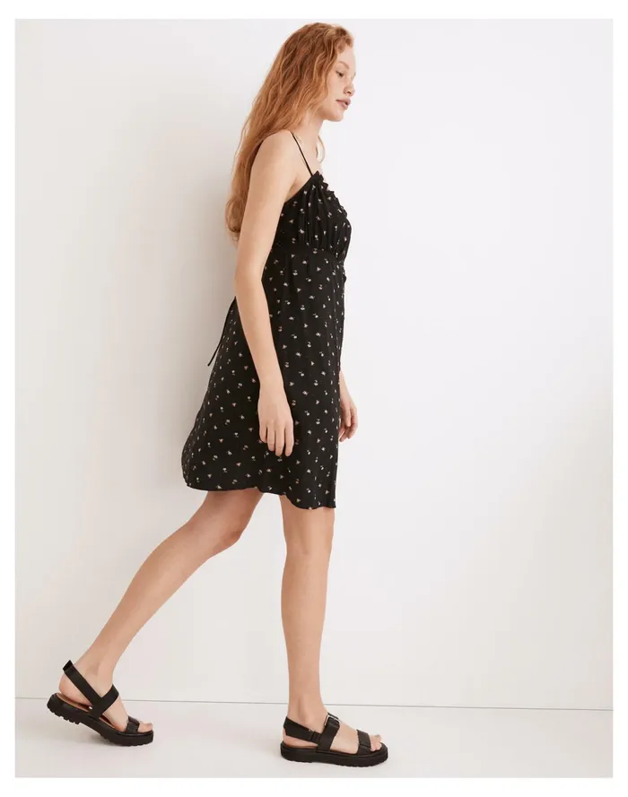 Tie Back Button Front Mini Dress In Geodot Floral True Black Women Madewell Dresses Tie Back Button Front Mini Dress In Geodot Floral True Black Women Madewell Dresses