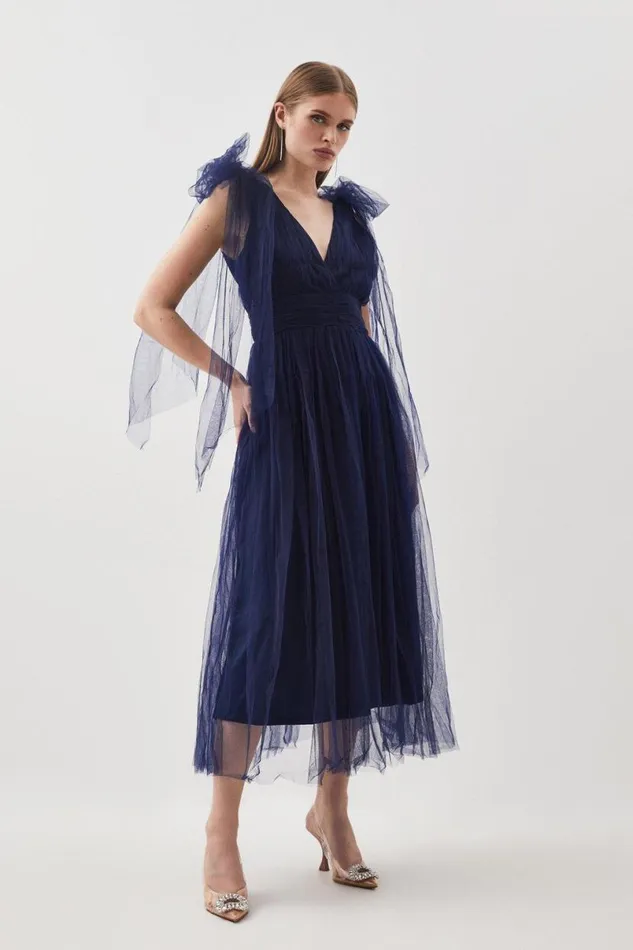 Tulle Tie Straps Plunge Woven Midi Dress Navy Women Karen Millen Dresses