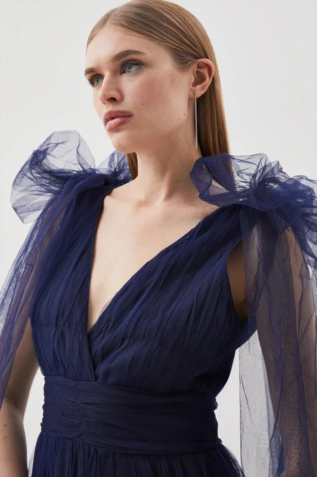 Tulle Tie Straps Plunge Woven Midi Dress Navy Women Karen Millen Dresses
