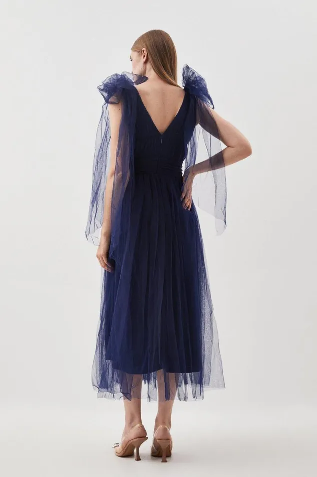 Tulle Tie Straps Plunge Woven Midi Dress Navy Women Karen Millen Dresses