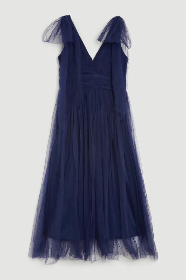 Tulle Tie Straps Plunge Woven Midi Dress Navy Women Karen Millen Dresses