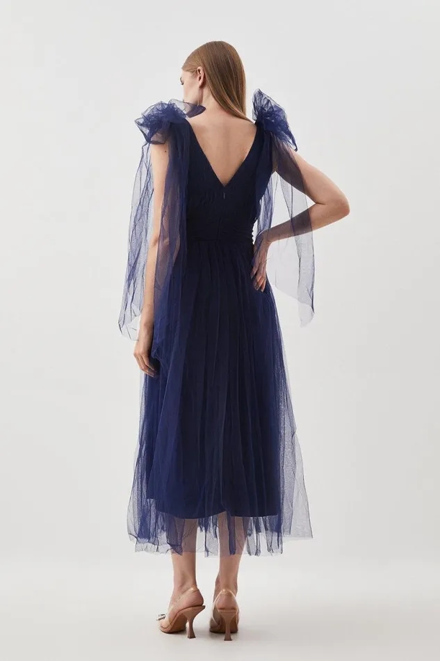 Tulle Tie Straps Plunge Woven Midi Dress Navy Women Karen Millen Dresses