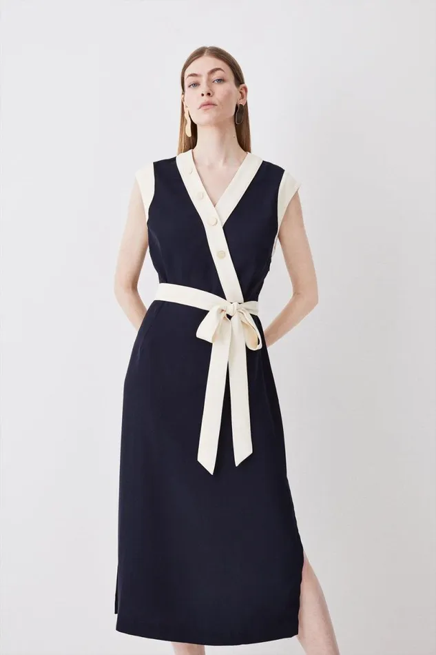 Twill Button Detailed Belted Woven Midi Dress Navy Women Karen Millen Dresses