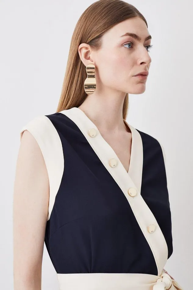 Twill Button Detailed Belted Woven Midi Dress Navy Women Karen Millen Dresses