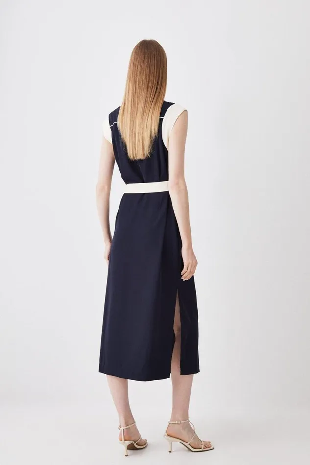 Twill Button Detailed Belted Woven Midi Dress Navy Women Karen Millen Dresses